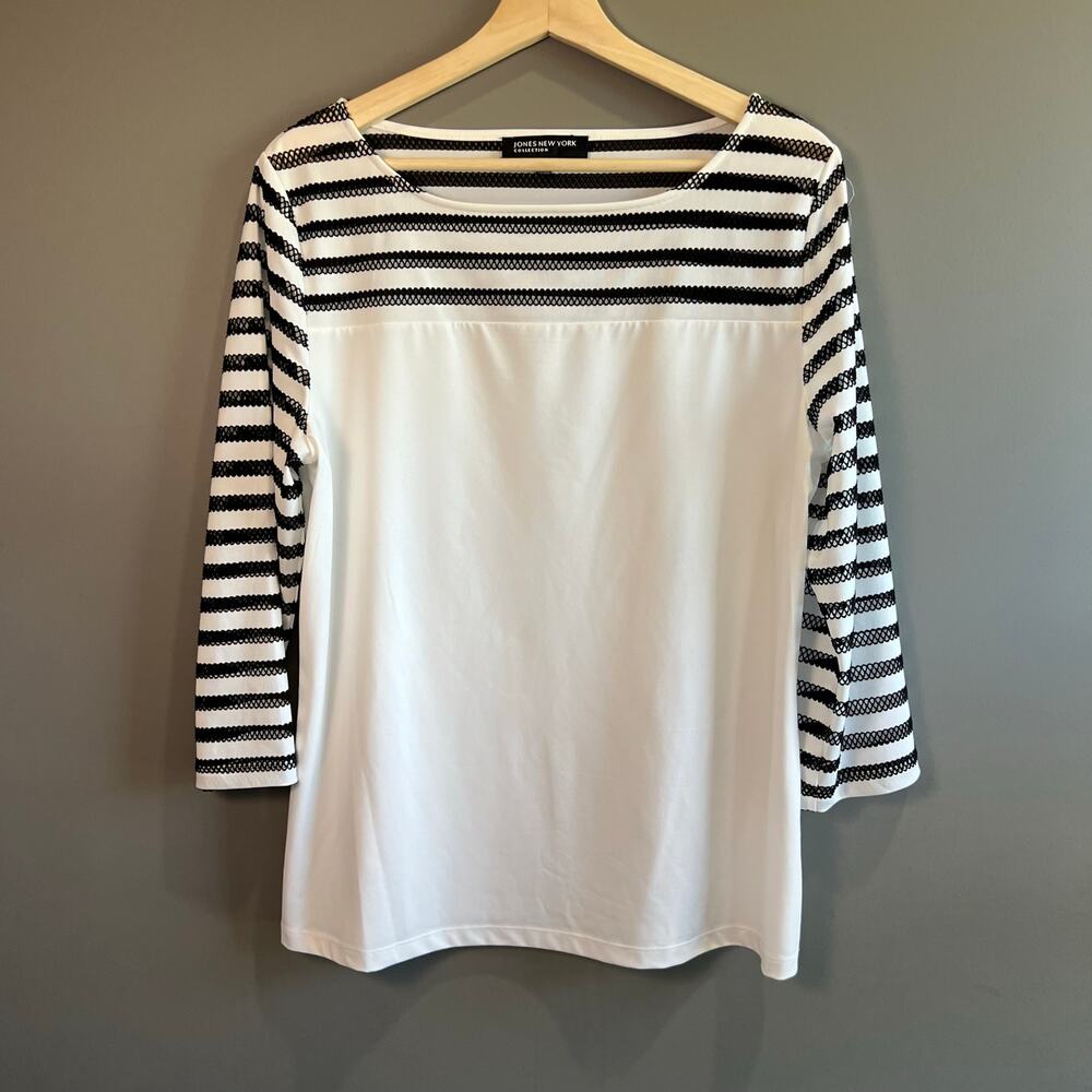 Jones New York White Top with Black Striped Open Mesh 3/4 Sleeves Size  XL